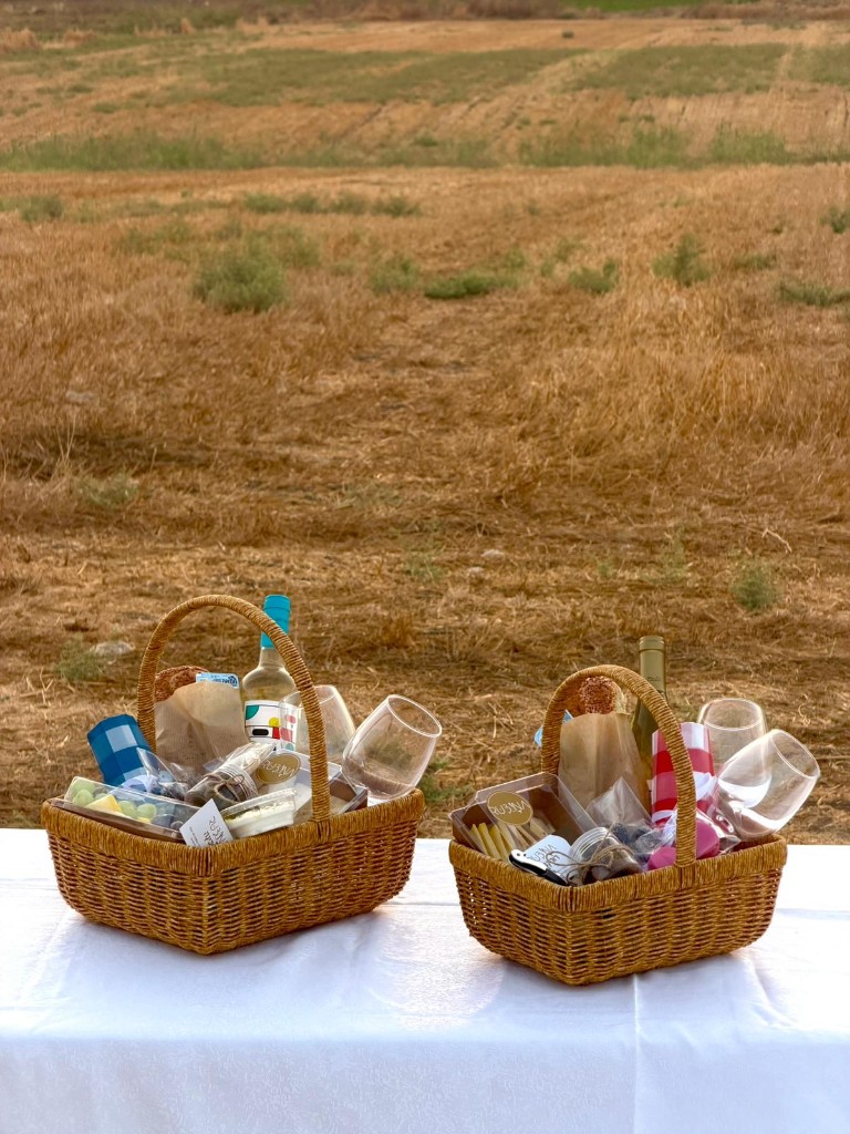 שתי סלסלאות פיקניק על שולחן לבן בשדה